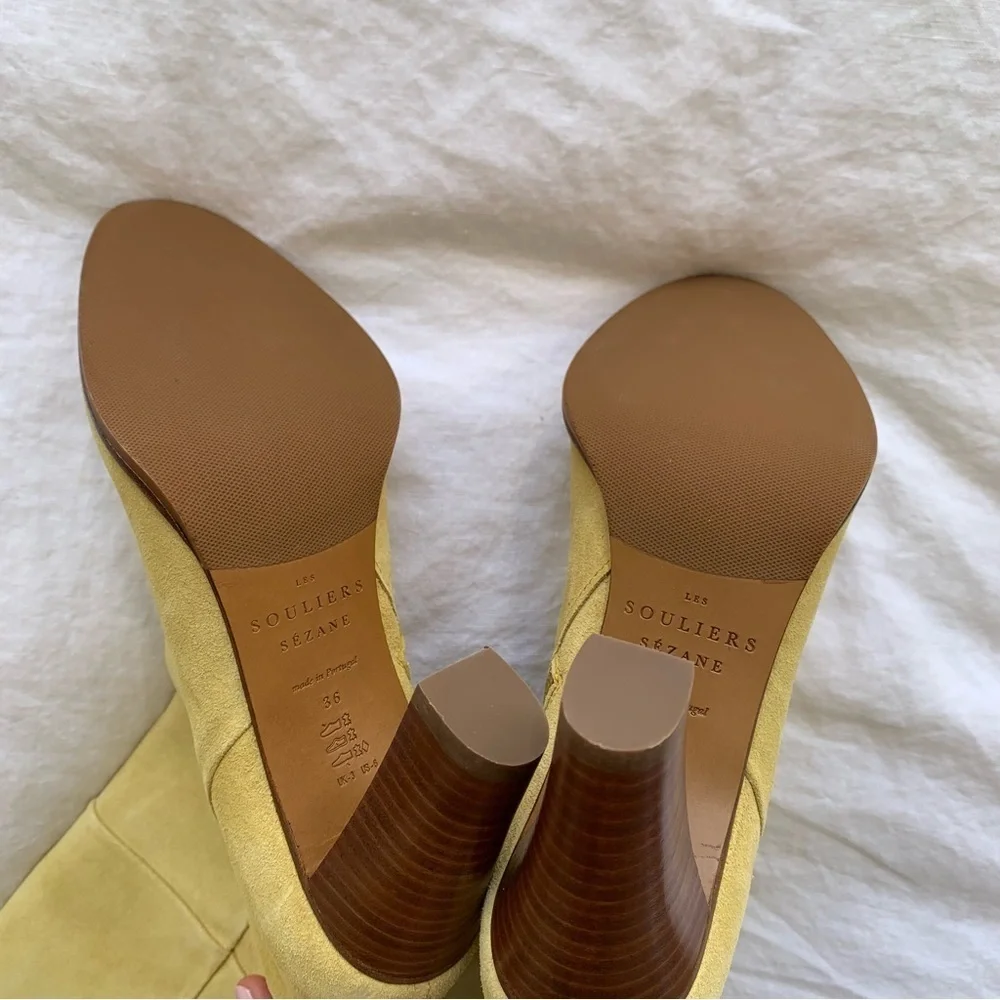 Sezane Anaelle Thigh High Suede Leather Over The Knee Pointy Boots Lemon Yellow